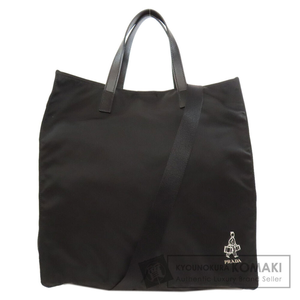 Prada 2way tote Shoulder bag black leather handles character patch